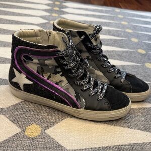 Golden Goose Slide High Tops, size 37 Black/white/gray camouflage design.